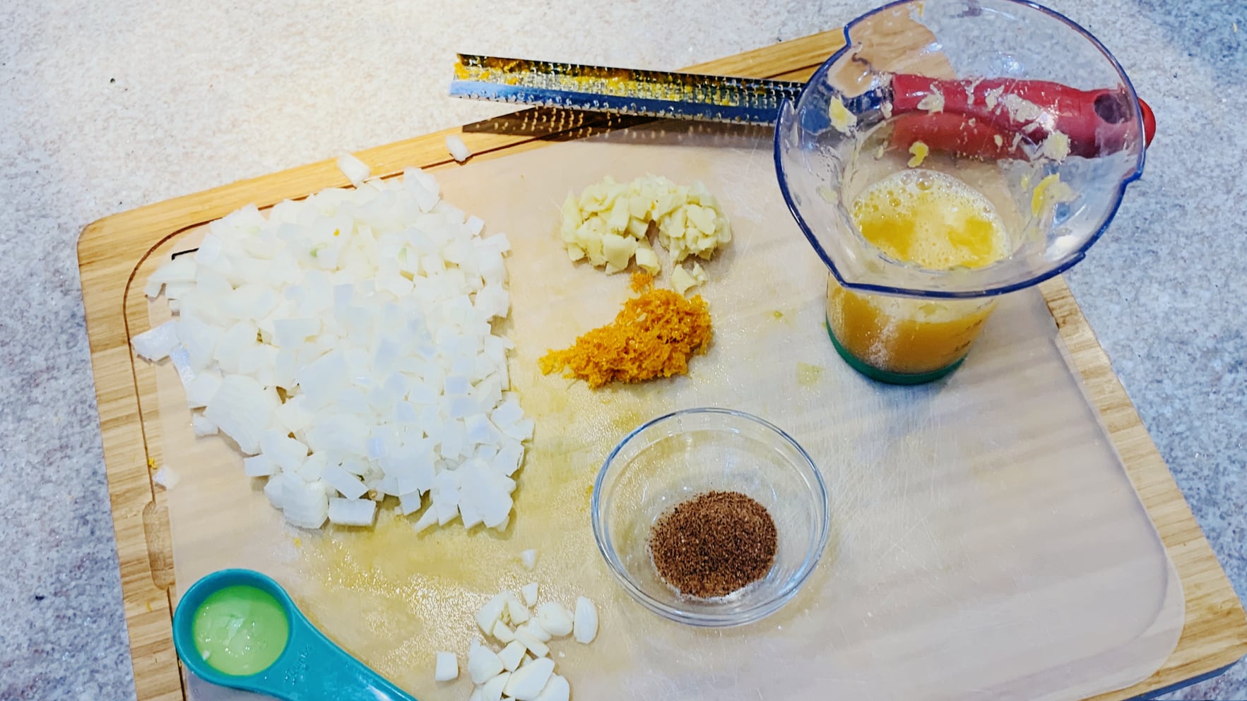 Diced Onion, Garlic, Ginger, Orange Juice and Orange Zest