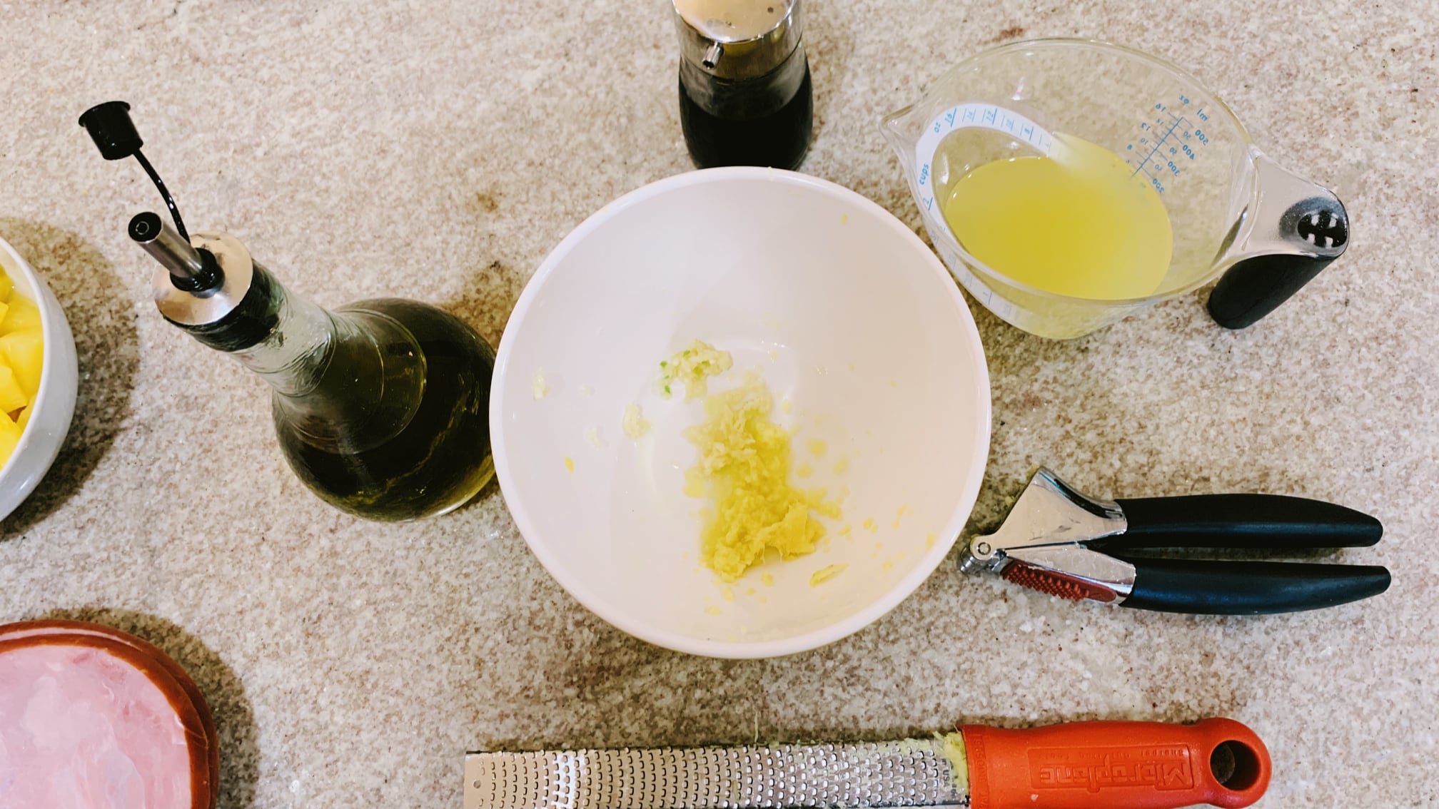 Grated Ginger, Crushed Garlic, Pineapple Juice, Soy, and Olive Oil