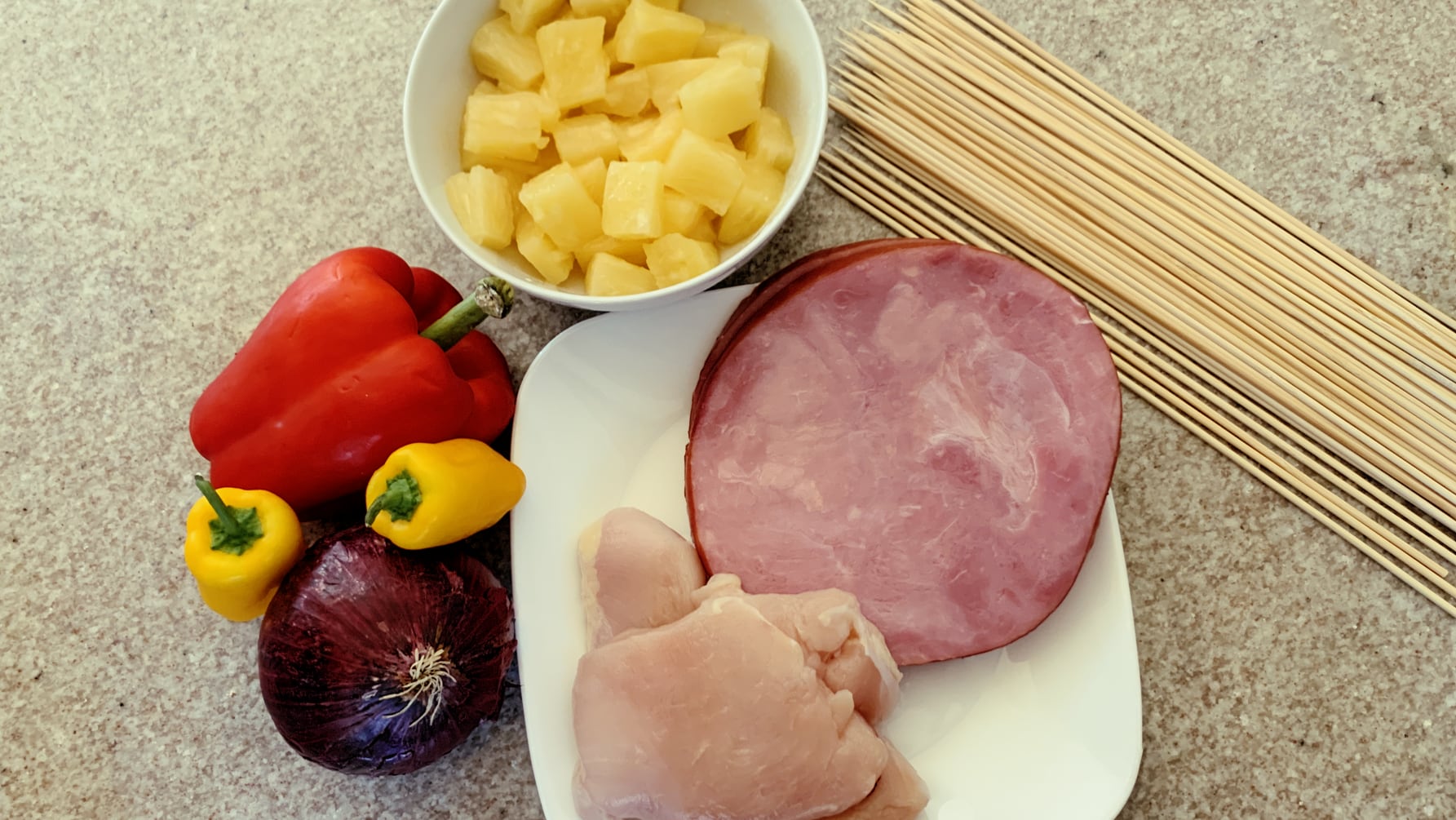Ham, Chicken, Pineapple, Peppers and Onions