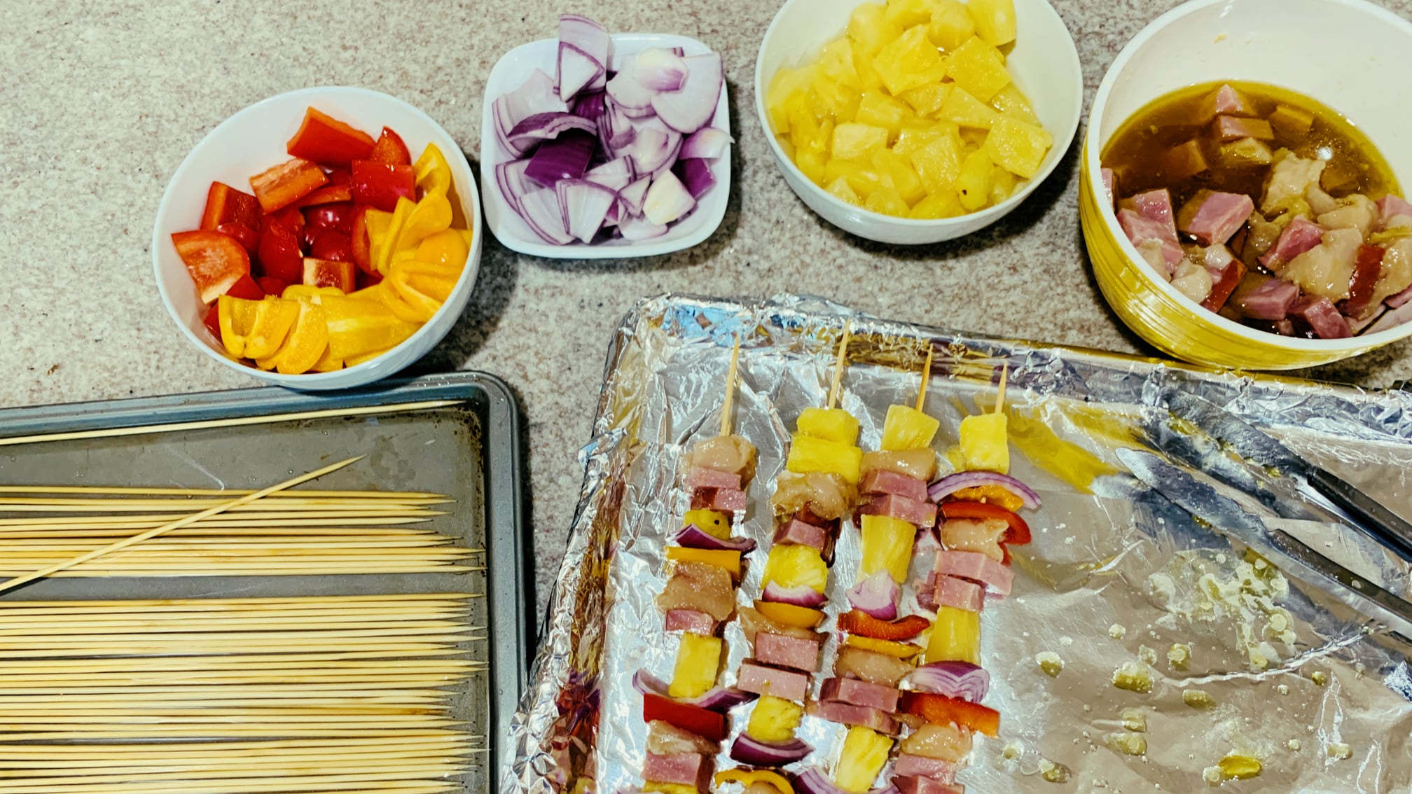 Shish Kabobs with Pepper, Onion, Pineapple, Chicken and Ham