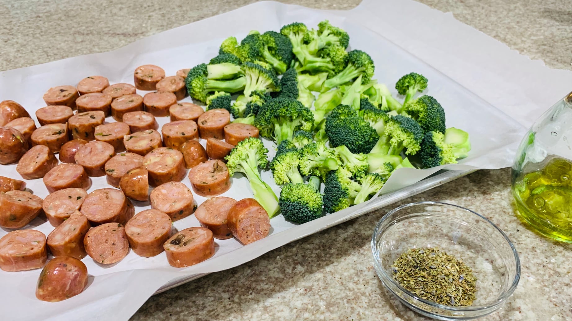 Sliced Chicken Sausage and Broccoli on Sheet Pan