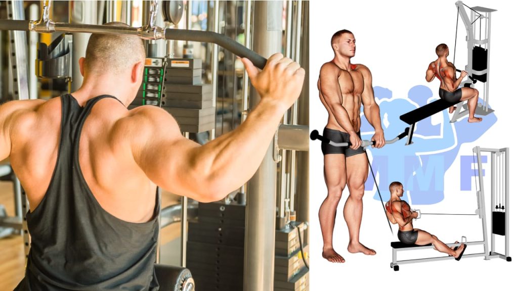 Man performing cable pulldowns behind his head as part of a back workout with cables only. 3 cable back exercises are demonstrated by men in graphics on the right of the images.