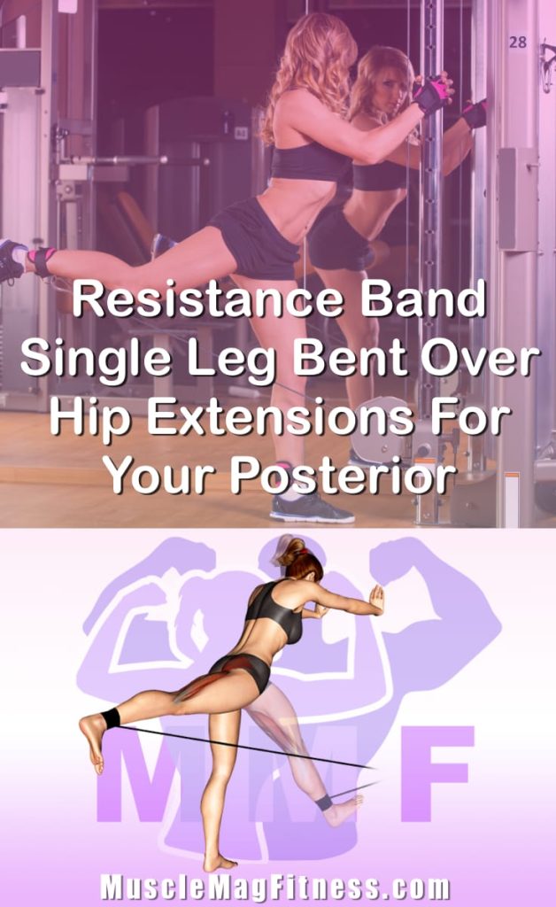 Pin image for resistance band single leg bent over hip extensions post. With an image of a woman performing the exercise on Top and a graphic of the exercise on the Bottom.