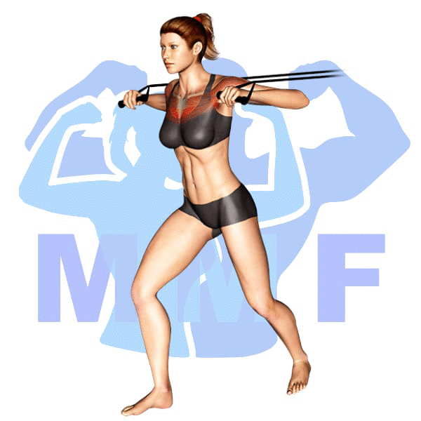 Woman performing resistance band chest press with MuscleMagFitness logo background.