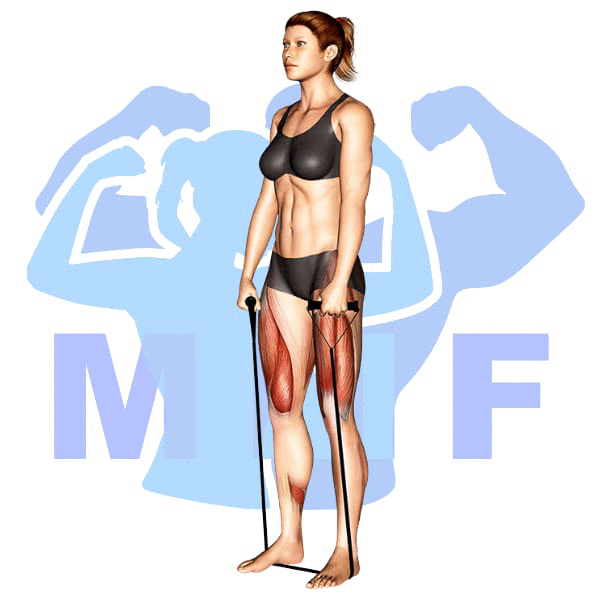 Woman performing resistance band deadlifts with MuscleMagFitness logo background.