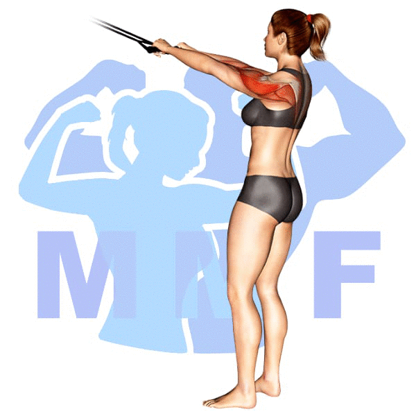 Woman performing resistance band face pulls with MuscleMagFitness logo background.