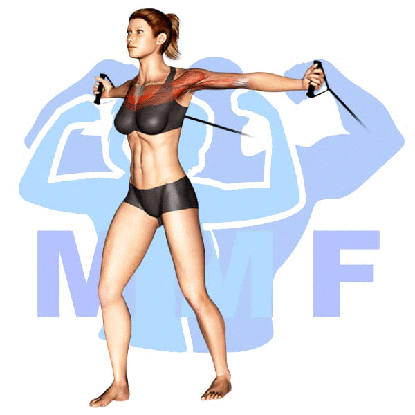 Woman performing resistance band flys with MuscleMagFitness logo background.