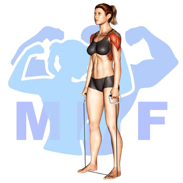 Woman performing resistance band forward raises with MuscleMagFitness logo background.