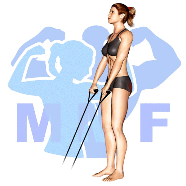 Woman performing resistance band hip extensions with MuscleMagFitness logo background.