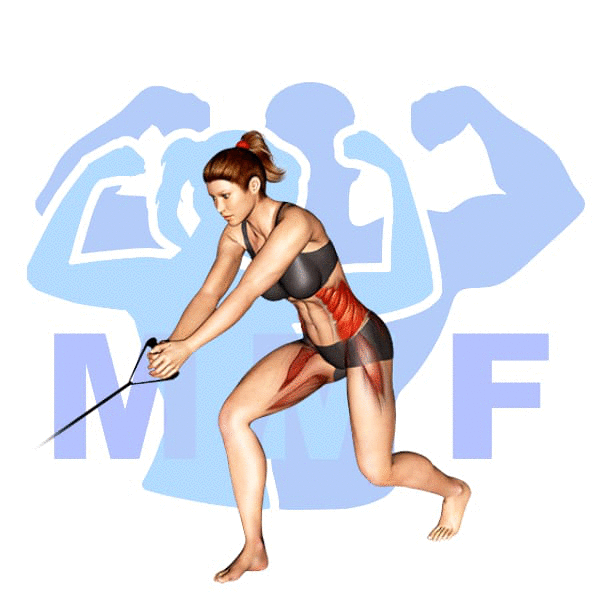 Woman performing resistance band pull up standing twists with MuscleMagFitness logo background.