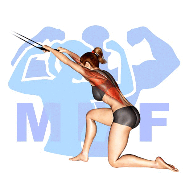 Woman performing resistance band pulldowns with MuscleMagFitness logo background.