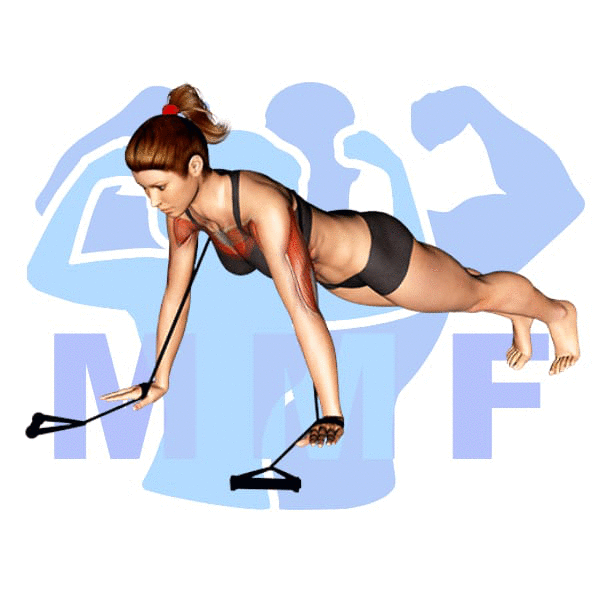 Woman performing resistance band push ups with MuscleMagFitness logo background.