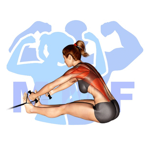 Woman performing resistance band seated rows with MuscleMagFitness logo background.