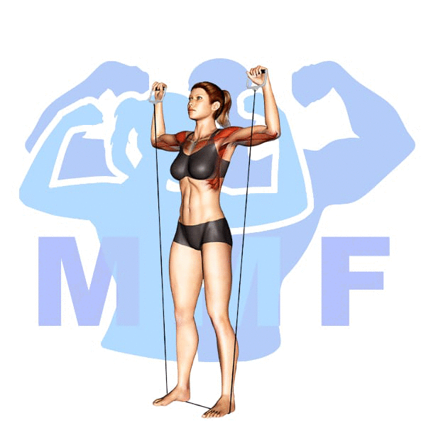 Woman performing resistance band shoulder press with MuscleMagFitness logo background.