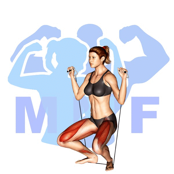 Woman performing resistance band squats with MuscleMagFitness logo background.
