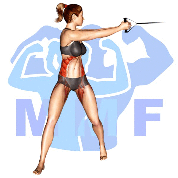 Woman performing resistance band standing twists with MuscleMagFitness logo background.