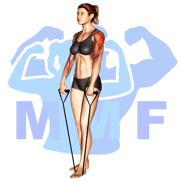 Woman performing resistance band upright rows with MuscleMagFitness logo background.
