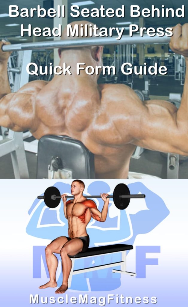 Pin image for barbell seated behind head military press post. With an image of a man performing the exercise on Top and a graphic of the exercise on the Bottom.
