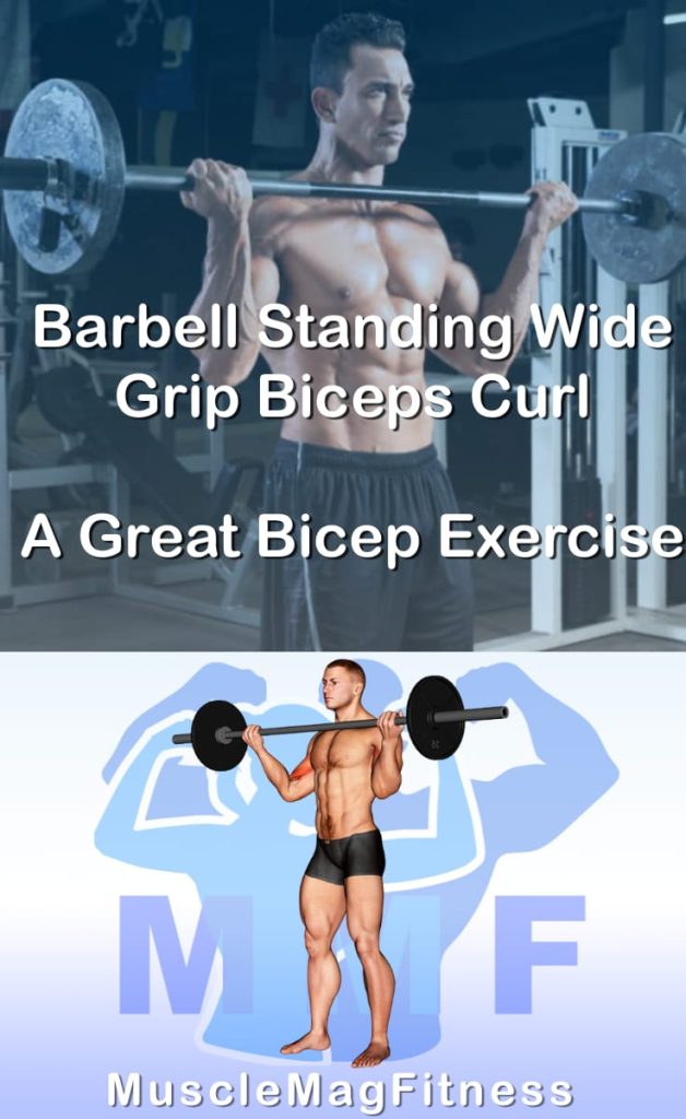 Pin image for barbell standing wide grip biceps curl post. With an image of a man performing the exercise on Top and a graphic of the exercise on the Bottom.