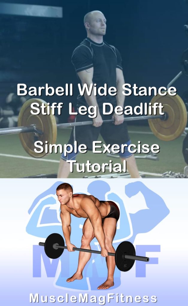 Pin image for barbell wide stance stiff leg deadlift post. With an image of a man performing the exercise on Top and a graphic of the exercise on the Bottom.
