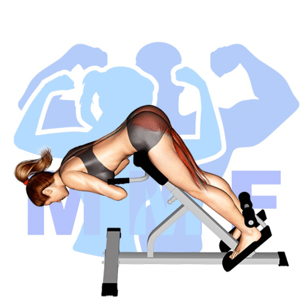 Graphic image of a fit woman performing 45 Degree Hyperextension.