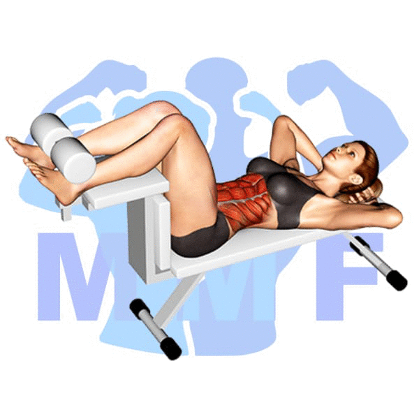 Graphic image of a fit woman performing Bench Crunch.