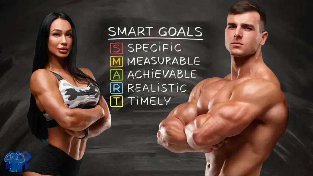 Fit woman and man in front of a chalk board with SMART fitness planning Goals