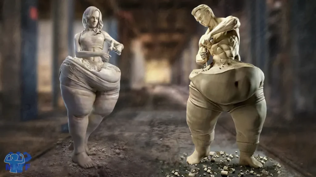 Man and Woman Statues Chiseling Themselves Sculpting Strong and Beautiful Body With Strength Training