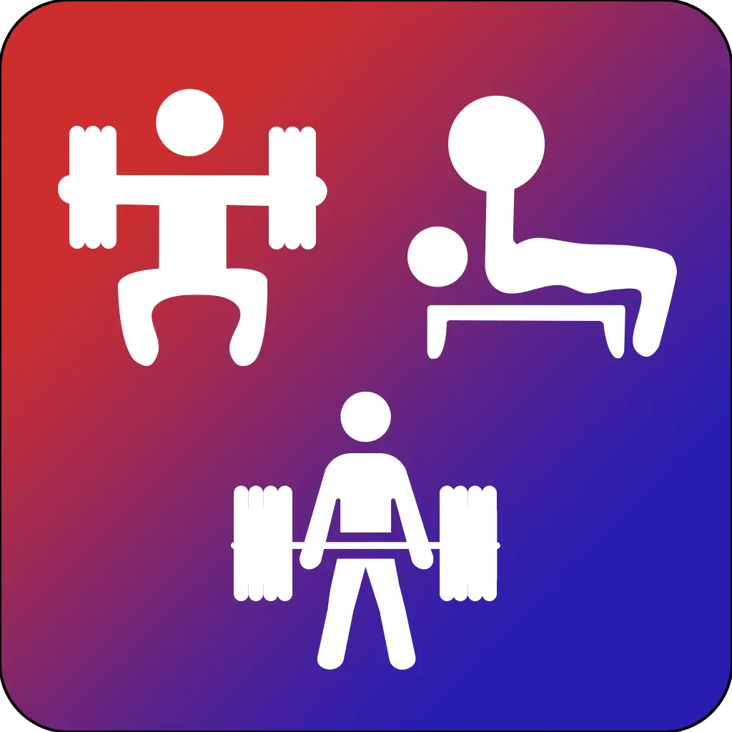 Powerlift Compete app icon featuring white minimalist pictograms for Squat, Bench Press, and Deadlift on a vibrant red and blue gradient background.